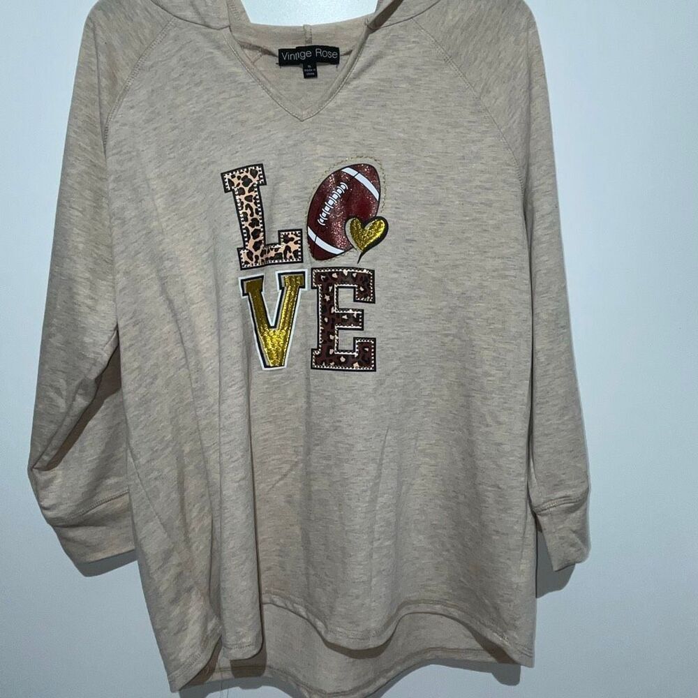 Vintage Rose Women's Heather Gray V Neck Football‎ Love Patch Hoodie Size XL